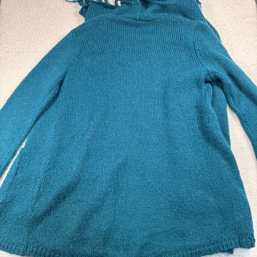 bass blue knit scarf cardigan fringe open front boho chic quiet luxury shawl - Picture 5 of 8
